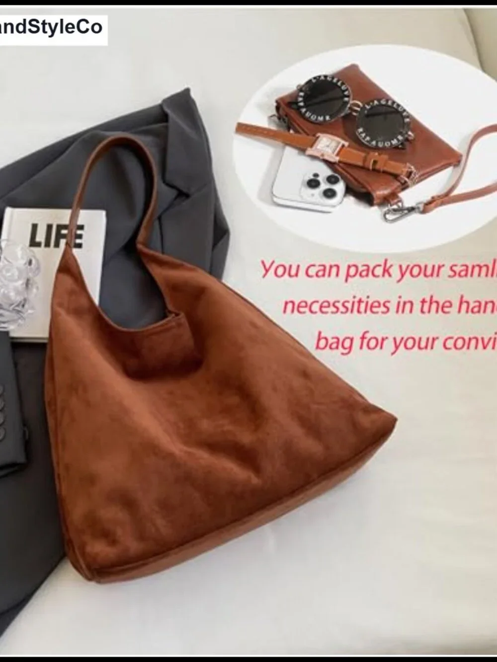 Faux Suede Handbag Set 3 Pcs Hobo Shoulder Bags Purse for Work Travel